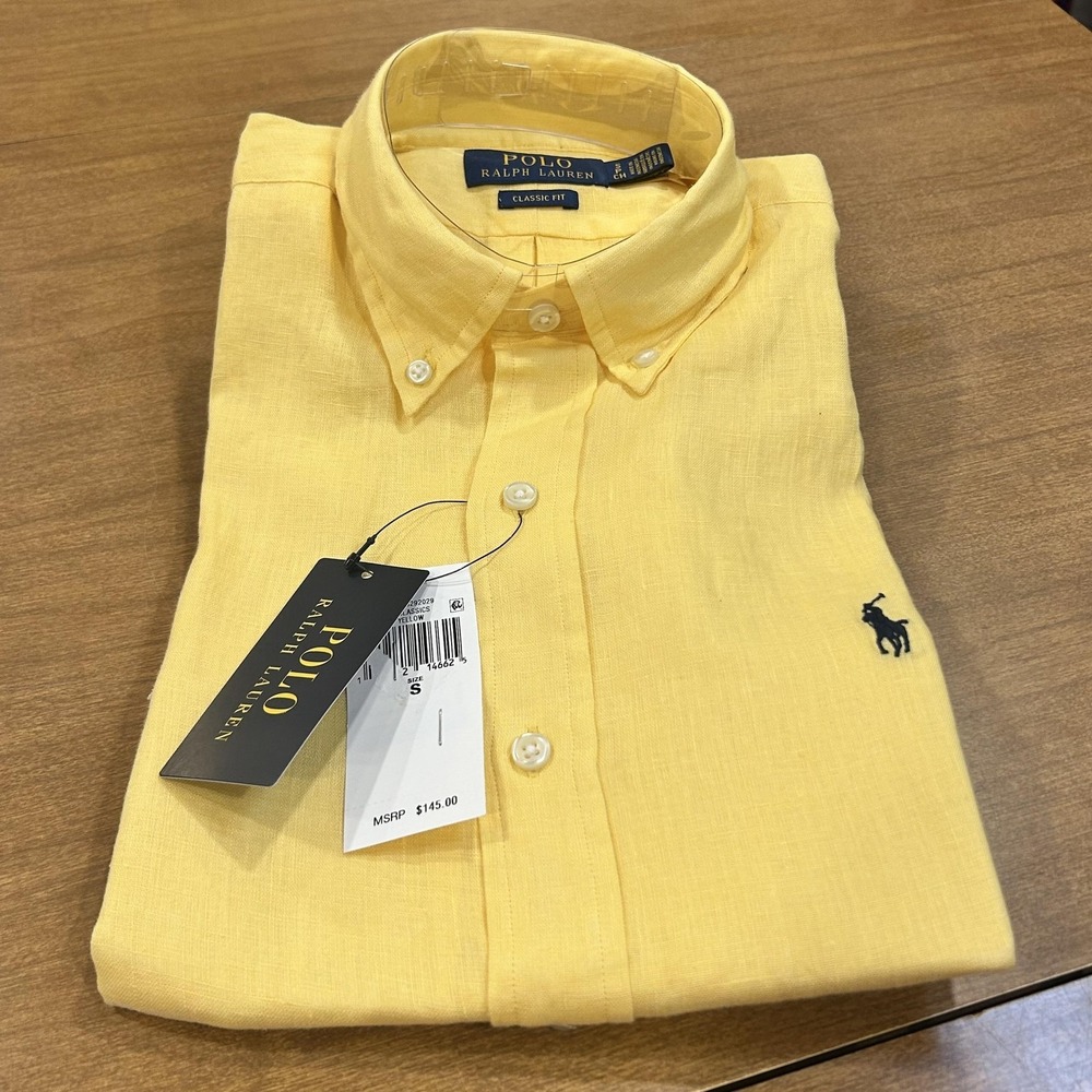 Polo Ralph Lauren Shirt Mens S Yellow Long Sleeve Button Down Classic Fit Linen